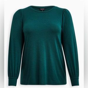 NWT Torrid Super Soft Slub Crew Neck Puff Sleeve Long Sleeve Top Green size 3